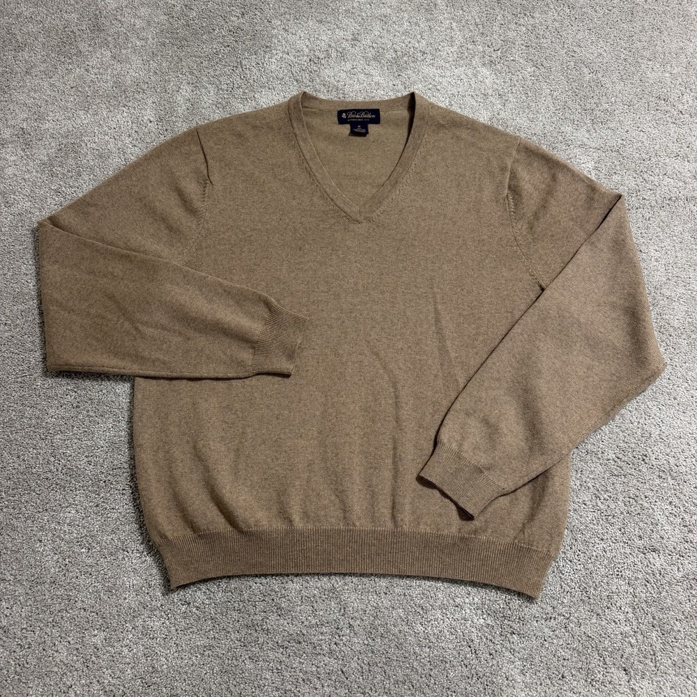 Brooks Brothers Sweater Mens Sz M Beige Tan V-Neck Pullover Merino Wool Blend